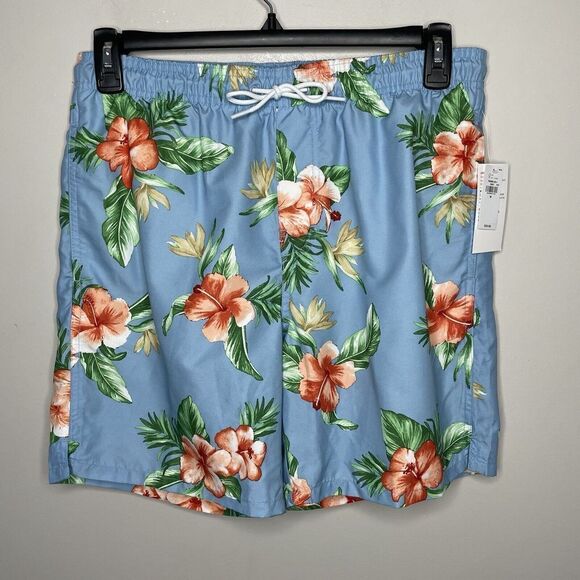 OLD NAVY Swim Trunks Mens Medium M NEW Blue Tropical Floral Mesh Lined Pockets - Picture 1 of 8
